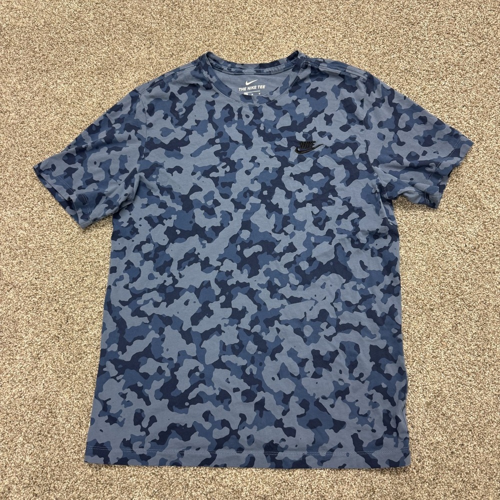 Nike Shirt Mens Medium Blue Camo Swoosh Logo Tee T-Shirt Athletic Training